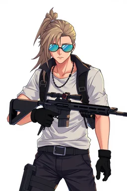 male cyberpunk solo with long hair tail, Norwegian, Wearing Leisureware and mirrored sunglasses, armed with sniper rifle, lean, nice, Anime Style, Retroanime, Video Game Character