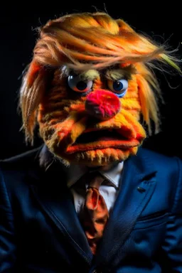 a Film Photograph of a realistic angry orange Donald Trump Muppet made of felt and fur wearing a dark blue suit and red tie and with blonde hair combover, he is old and angry