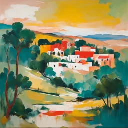 an abstract painting of an idyllic 16th century Spanish villa set amidst rolling hills and ancient olive groves , in the imagery-stain painting style of Helen Frankenthaler and Jean-Michel Basquiat, rich natural colors, museum quality masterpiece