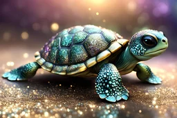 a very cute little baby turtle with a glittery shell on its back, stunning, spectacular, 3D