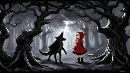 A charcoal and ink illustration of a dimly lit forest, the gnarled trees looming like skeletal fingers, their branches tangled in a canopy above. In the center, Little Red Riding Hood, a petite and besuited Red-Powder-Brown-skinned girl, her blonde hair tied back in a loose braid, gazes up at the wolf, her eyes wide with a mix of fear and defiance. The wolf, a hulking figure with fur the color of smoldering embers, his eyes glowing like embers in the dark, stands pinched between two ancient tree