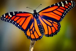 beautiful monarch butterfly perched on a branch in the dazzling sunlight, multicolorful sky, shining, realistic, intricate detail, anatomical, uhd 8k, by huang guangjian, trending on artstation