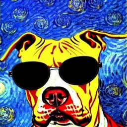 Portrait of a pitbull wearing sunglasses by Van Gogh