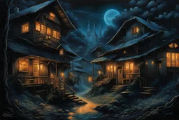 deep colors village dark surreal mood, mystic, nightly lights, shadows, by Bosch,Sorayama Hajime and Kandinsky, intricate details, dark fantasy, sinister, surreal cinematic