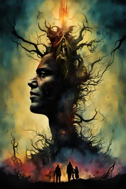 Book cover art for "THE STAND", horror novel about an battle between good and evil, by Dave McKean, by Alexandros Pyromallis, surreal horror, creepy, book cover art, double exposure uncanny photo layering effects, color ink illustration, vibrant nightmarish colors, text: "THE STAND".