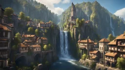 a steep, narrow, 3.000 feet tall ravine. a wide waterfall falling into the middle of a medieval european city. The city is at the bottom of the ravine . a masterpiece, fantasy concept art, dynamic lighting, hyperdetailed, intricately detailed, deep color, Unreal Engine, volumetric lighting, Epic cinematic brilliant stunning intricate meticulously detailed dramatic atmospheric maximalist digital matte painting