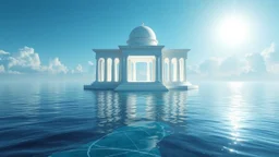Un templo flotante sostenido por columnas de luz se extiende sobre un océano tranquilo, iluminado por un sol blanco, con materiales cristalinos y mármol líquido, en un estilo neoclásico fantástico, usando blancos radiantes y azules celestes, en una composición simétrica.