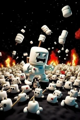 army of marshmallows living angry and armed in a fight with living tomatoes in space with stars around