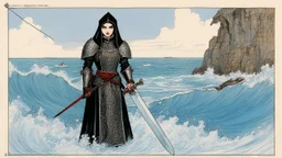 character concept sheet with AD&D statistics and characteristics, [illustration by Michael Kaluta] Nina Hagen in medieval nun opening the ocean in chainmail armour with a bloody zweihander sword, NO RULES, just punk
