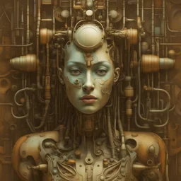 Picasso and Peter Gric masterpiece design of a front complex biomechanical woman colored face mixed to supplies (detailed eyes, nose, mouth , neck), made of various colored metal objects all around and inside head, centered composition, HDR, UHD, all in focus, clean face, no grain, concept art