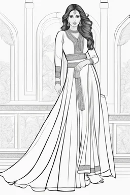 Coloring page for adults of a elegant fashion model woman wearing hindi dress, dynamic poses, full body portrait, thick and clean lines, clean details, no-color, no-turban, no-background, non color, non shading, no-grayscale, dynamic poses, full body portrait, thick and clean lines, clean details, no-color, no-turban, , non background, non color, non shading, no-grayscale, no color hair