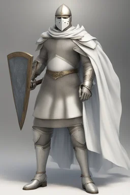 Knight wearing white chainmail armor and white cape with white mask, holding a spear