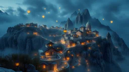 A hidden mountain village built on terraces, with houses carved from crystal and paths lined with glowing, floating lanterns that light up the misty evening air, award-winning photograph, beautiful composition, exquisite detail and illumination