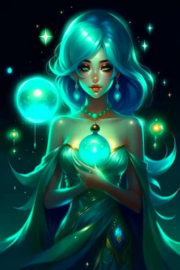 A beautiful girl with glowing starry eyes. And with turquoise hair decorated. And full body. Holds 10 glowing glass beads with a moon inside .fantasy immortl Ye hie