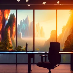 large desk, parquet, sheet of paper, little pen, office chair in front of a huge picture window with large view on a waterfall with warm light, sunset ,pixar style, panorama, nature, globe, HD, Hallelujah mountains, view first person