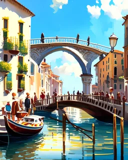 Pintura al óleo arte renacentista de Venecia canal puente peatonal gente cielo soleado obra de arte 4k