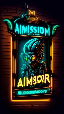 Little ambassador tattoo shop sign, banner, intergalactic, sci-fi, neon,retro, alien in hoodie, iron maiden style,