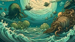 ocean and monsters above the earth firmament