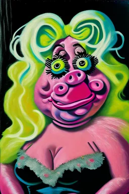 Miss piggy portrait painted modern over exaggerated, burlesque, absurdist high brow art, in the style of 90s , jim hensen , puppet portrait, surreal pop art, uncanny, smooth