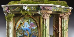 Marble Roman Lararium with painted figures in fresco; ancient marble; around it entangled ivy, entangled moss, entangled multicolored flowers, birds, luscious green tiny reptiles, by "artist Edward Robert Hughes"; intricately detailed, analogous colors, pre-raphaelitism, regal, oil on canvas, sharp focus, meticulous, ominous