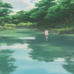 Girl sitting by the river, green landscape with bioluminescent trees, high quality, intricate detail, sharp focus, theme park, romantic, at dusk, light dust, makoto shinkai, studio ghibli