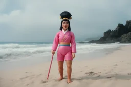 [1960’s stop-motion animation style on the beach the overcast sky in the background] a 70s advertisement video TV featuring A surprised Nomadic samurai woman, 24-years-old wearing a pink one-piece swimsuit , poised on hands and knees as a claymation character toy from a claymation horror movie in burning rainbow land, from hell, creepy Videos, eyeballs and trees everywhere , as old advertisement shot on video VHS