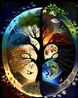 The tree of life consists of four seasons: spring, summer, autumn, winter, light, time, darkness, star, moon, sun, yang-ying, water, wind, earth, fire and love.