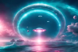 Magnificient luminous white ufo flying in the pink universe over the turquoise sea, glitters, stars, sparks of light , a lot of details, cosmic and pacific and magical atmosphere, 8k, very hight definition