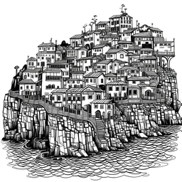 A crowded houses on a steep cliff high above water, black and white, line art