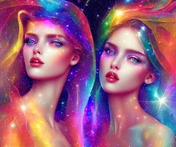 glitter arcobaleno, stelle luminose, ragazze bellissime vestite di veli trasparenti corpo magnifico e volti bellissimi occhi chiari e capelli biondi,