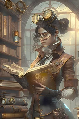 Steam punk style of picture, realistic and aesthetically pleasing, it should depict research a female protagonost and a lot of books