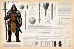 RPG kit design sheet brief.[illustration by Angus McBride] detailed instructions and diagrams for the kit of a Rain Sorcerer: divining rod, sliver dagger, leather armour, backpack, needles