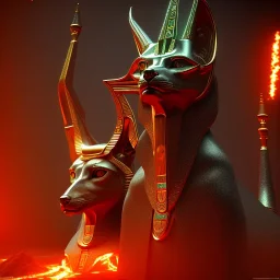 A portrait post-apocalypse of Jackal Egyptian God Anubis ,in a sin city pyramid, sci-fi fantasy style, volumetric lighting, particales,highly detailed,cinamatic,8k,3D,fire and black deep colours,ignore NSFW.