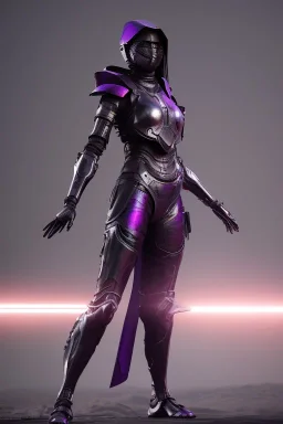 girl in futuristic metal ninja armor, cloak, two swords, glowing purple armor, fighting pose, cyborg