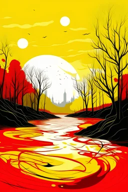 Book cover art. White, yellow and red. The river is yellow, the sky is white and the trees are covered in blood. The lake is next to a city.