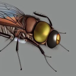 Photorealism of fly, 1500mm lens, ultrarealistic,hyper detailed, front view