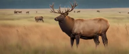 regal pose of Elk in a prairie field, wild grasses and bushes in corners of foreground