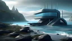 futuristic base, nearby ocean