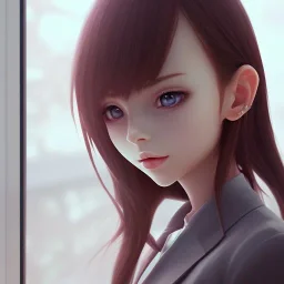 Anime, female student studying under window, studying lesson, perfect face, cool face, ultra detail, unreal engine 5, cinema4d, sun light, studio lighting --ar 1:1 --v 4