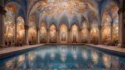 Superb symmetrical pictorial multicoloured mosaic floor, walls with pictures of bathers and swimmers, swimming pool, bathers, swimmers, night, water feature, symmetrical cathedral style high ceiling, relaxation, luxury, dream world, calm beauty, perfect symmetry, fantasy world, magic, beautiful symmetrical composition, exquisite detail, 85mm lens, adjust perspective, chiaroscuro, night, darkness, dramatic lighting