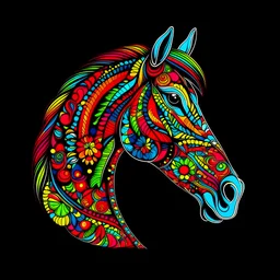 a cute horse, vivid colors, crisp line art , black background , aspect ratio = 2:3 , mandala
