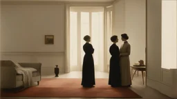 Two figures standing close in a softly lit room, early 20th-century Viennese apartment, minimal furnishings, subdued colors, faces turned slightly away from each other, shared silence more important than gesture, emotional intensity held in restraint, sense of ethical and emotional experimentation, intimacy without sentimentality, modernist tone, delicate balance between closeness and distance