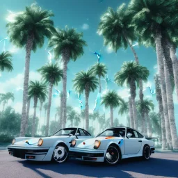 1980's aesthetic vaporwave palm trees and spheres and Porsche with lightning