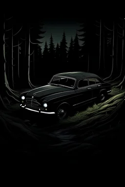 Create an image of a car (RV) stranded in the woods in a dark forest. (Make it seem like a 15 year old drew it for a school assignment)