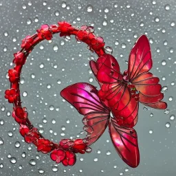  Прозрачная Бабочка из воды и букет венок красные стеклянные цветы в жемчужном сиянии капли дождя