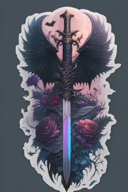 In the foreground, a long, powerful and majestic sword like epic fantasy stories. In the background, beautiful flowers and two big evil dark wings. In a dark, gothic but romantic fantasy style. make it for a sticker.