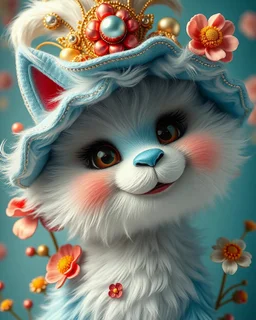 rococo, some kind of beautiful fluffy creature in a bright hat, smiles pleasantly, very sweetly and beautifully at the characters of Tony Wolf, Vasya Lozhkin, Anya Silivonchik, Kevin Sloane, Pixar, H. Giger, using silver decorative elements and gold leaf. Light blue shade with red mother-of-pearl and gold reflections, bright and beautiful, high detail, elegant, whimsical, intricate, beautiful, high resolution, colorful, very cute, clear. boho style with red accents, 3D, wildflowers