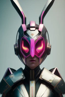 Portrait Sweet Rabbit ceramic mask, arrows, pink suit, cyberpunk, photo studio, black background, unreal engine 5, concept art, ray tracing, lumen lighting, ultra detail, volumetric lighting, 3d.