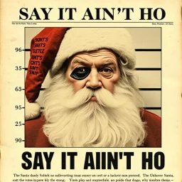 Newspaper headline of a disheveled Santa with a black eye mug shot who was charged with soliciting an undercover officer in a police sting, old newspaper aesthetic, headline text "SAY IT AINT'T HO"