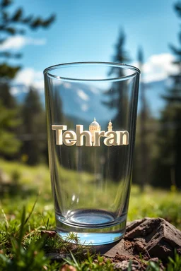 Create hyper-realistic photo of a glass tumbler in a wild forest. Inside, a miniature [Tehran] with landmarks. A trasparrent 3D text of [Tehran] blends naturally into the landscape . Soft bright daylight, reflections, and subtle imperfections like fingerprints. DSLR quality, sharp focus.